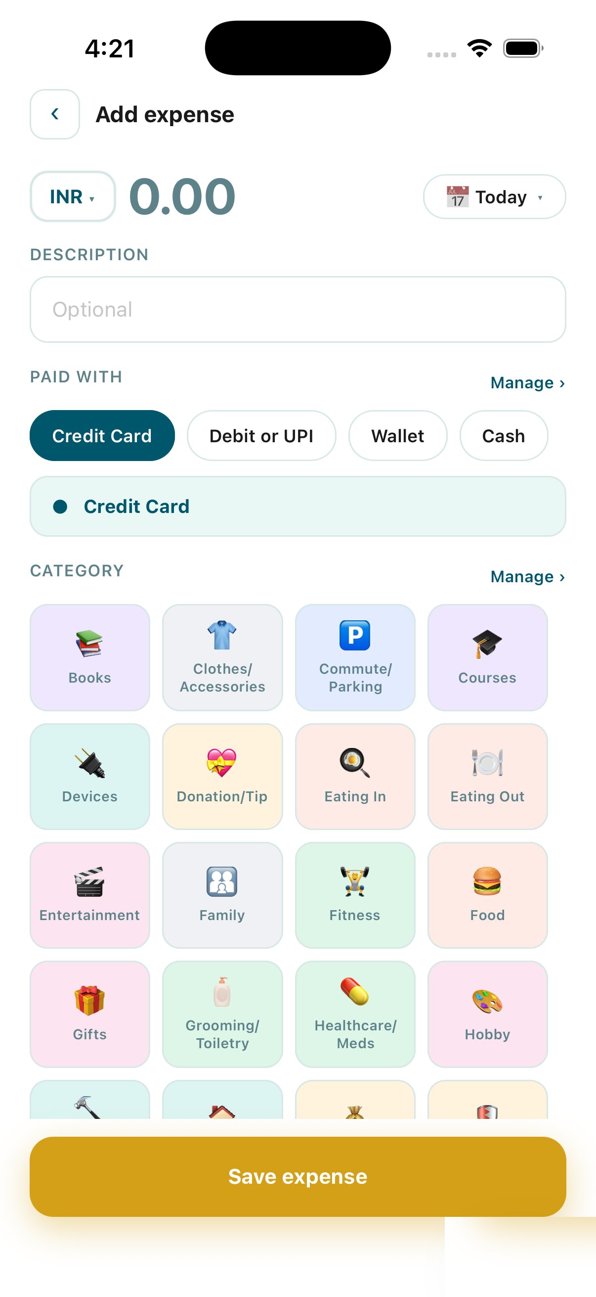Ultimately's expense entry screen with category selection